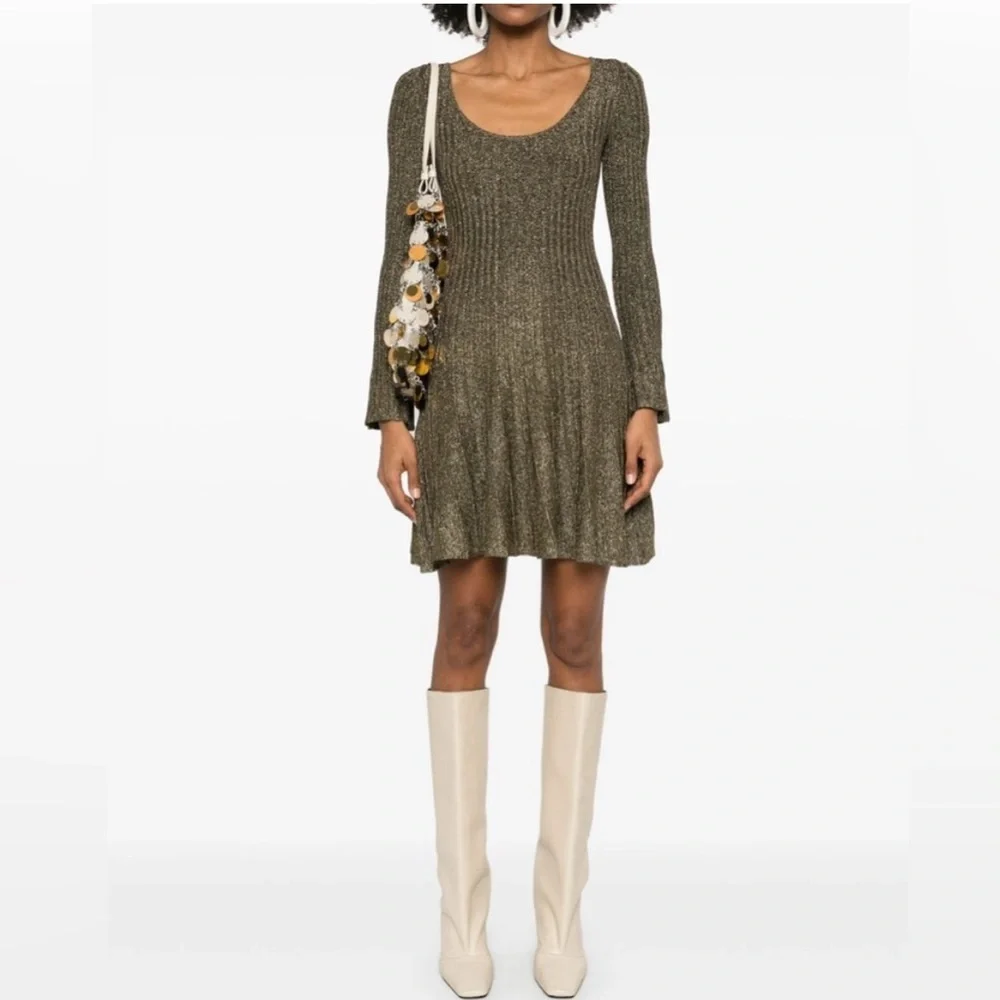 STAUD RAQUEL DRESS METALLIC GOLD LONG SLEEVE SIZE XS NWT 395$ - Picture 2 of 9
